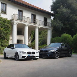 A Benz C200 and BMW M3 parked in front of an elegant villa with lush greenery surrounding them