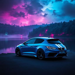 A futuristic blue Seat Leon MK3 with two striking white racing stripes, set against a vibrant cyberpunk backdrop featuring neon lights