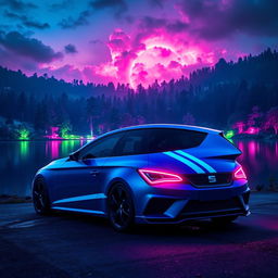 A futuristic blue Seat Leon MK3 with two striking white racing stripes, set against a vibrant cyberpunk backdrop featuring neon lights