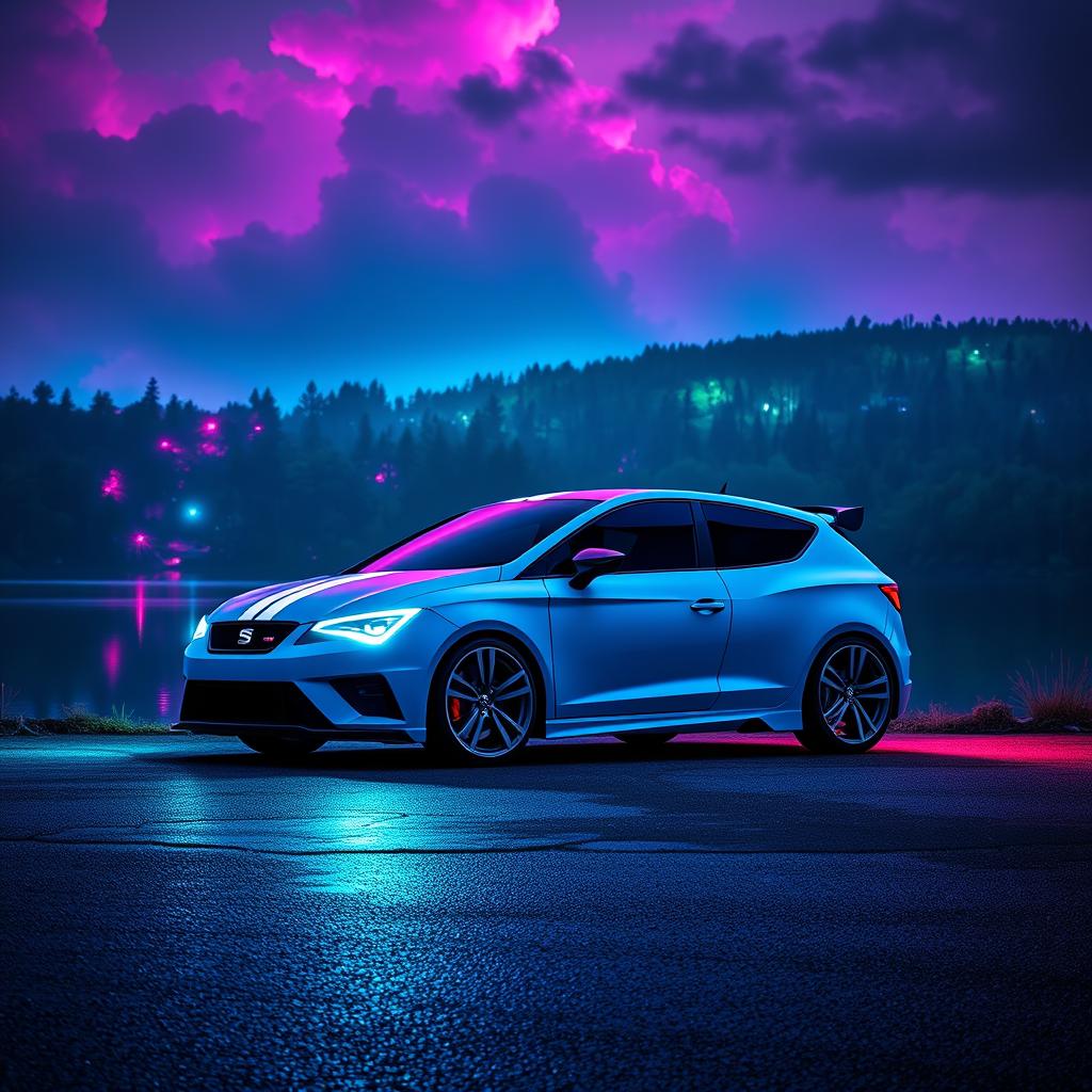 A futuristic blue Seat Leon MK3 with two striking white racing stripes, set against a vibrant cyberpunk backdrop featuring neon lights