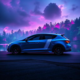 A futuristic blue Seat Leon MK3 with two striking white racing stripes, set against a vibrant cyberpunk backdrop featuring neon lights