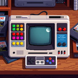 A detailed pixel art representation of a retro video console, showcasing a unique design with colorful buttons, a vintage screen in the middle, and pixelated graphics