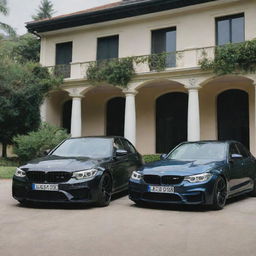 A Benz C200 and BMW M3 parked in front of an elegant villa with lush greenery surrounding them