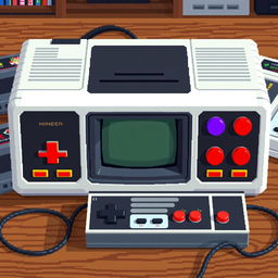 A detailed pixel art representation of a retro video console, showcasing a unique design with colorful buttons, a vintage screen in the middle, and pixelated graphics