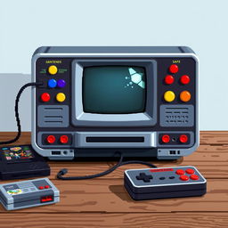 A detailed pixel art representation of a retro video console, showcasing a unique design with colorful buttons, a vintage screen in the middle, and pixelated graphics