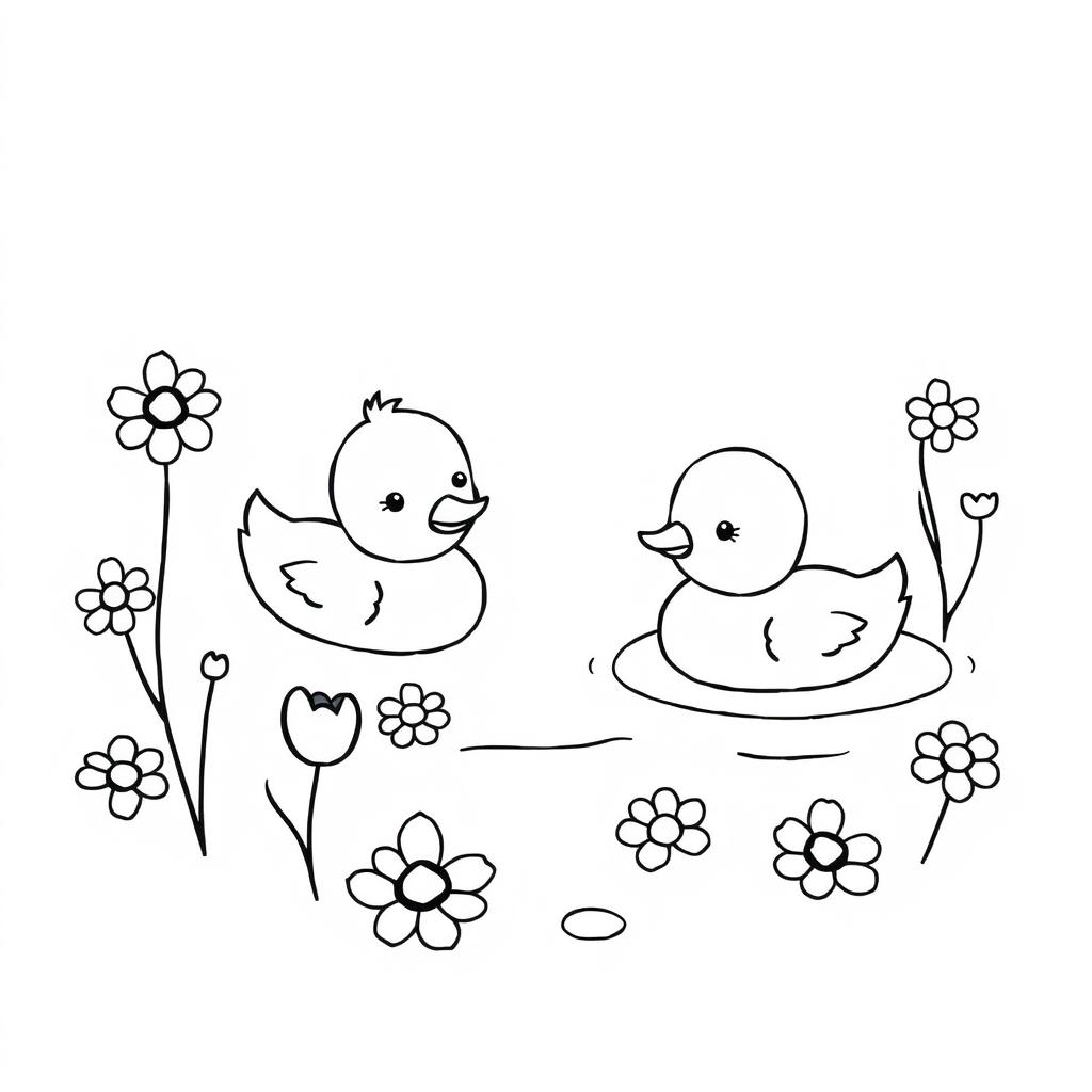 A delightful black and white drawing of ducklings swimming around water flowers, set against a clean white background