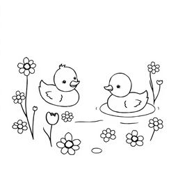 A delightful black and white drawing of ducklings swimming around water flowers, set against a clean white background