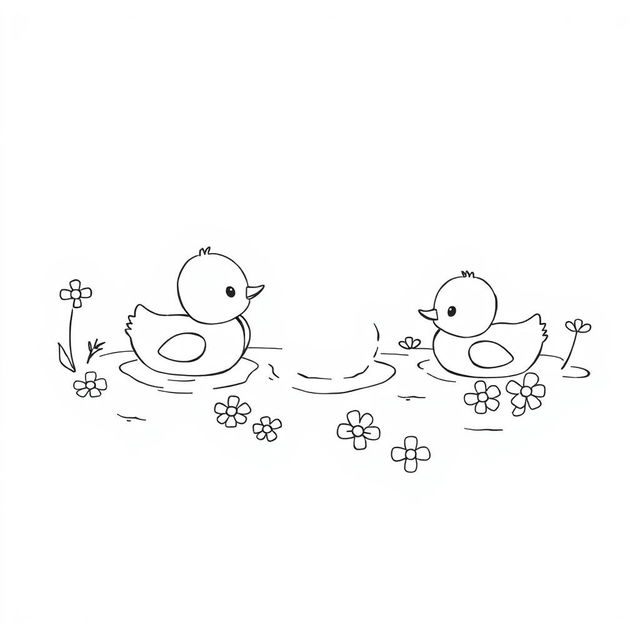 A delightful black and white drawing of ducklings swimming around water flowers, set against a clean white background