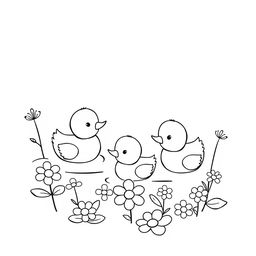 A delightful black and white drawing of ducklings swimming around water flowers, set against a clean white background