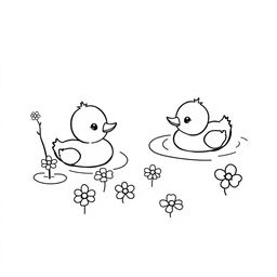 A delightful black and white drawing of ducklings swimming around water flowers, set against a clean white background