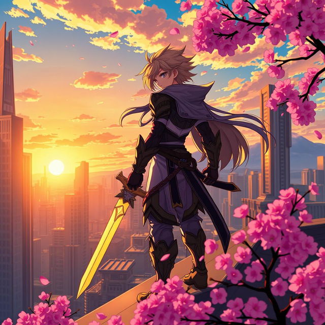 An anime scene featuring a vibrant and colorful cityscape at sunset, with tall futuristic buildings bathed in golden light