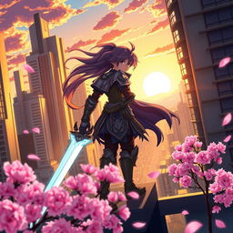 An anime scene featuring a vibrant and colorful cityscape at sunset, with tall futuristic buildings bathed in golden light