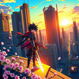 An anime scene featuring a vibrant and colorful cityscape at sunset, with tall futuristic buildings bathed in golden light