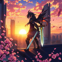 An anime scene featuring a vibrant and colorful cityscape at sunset, with tall futuristic buildings bathed in golden light