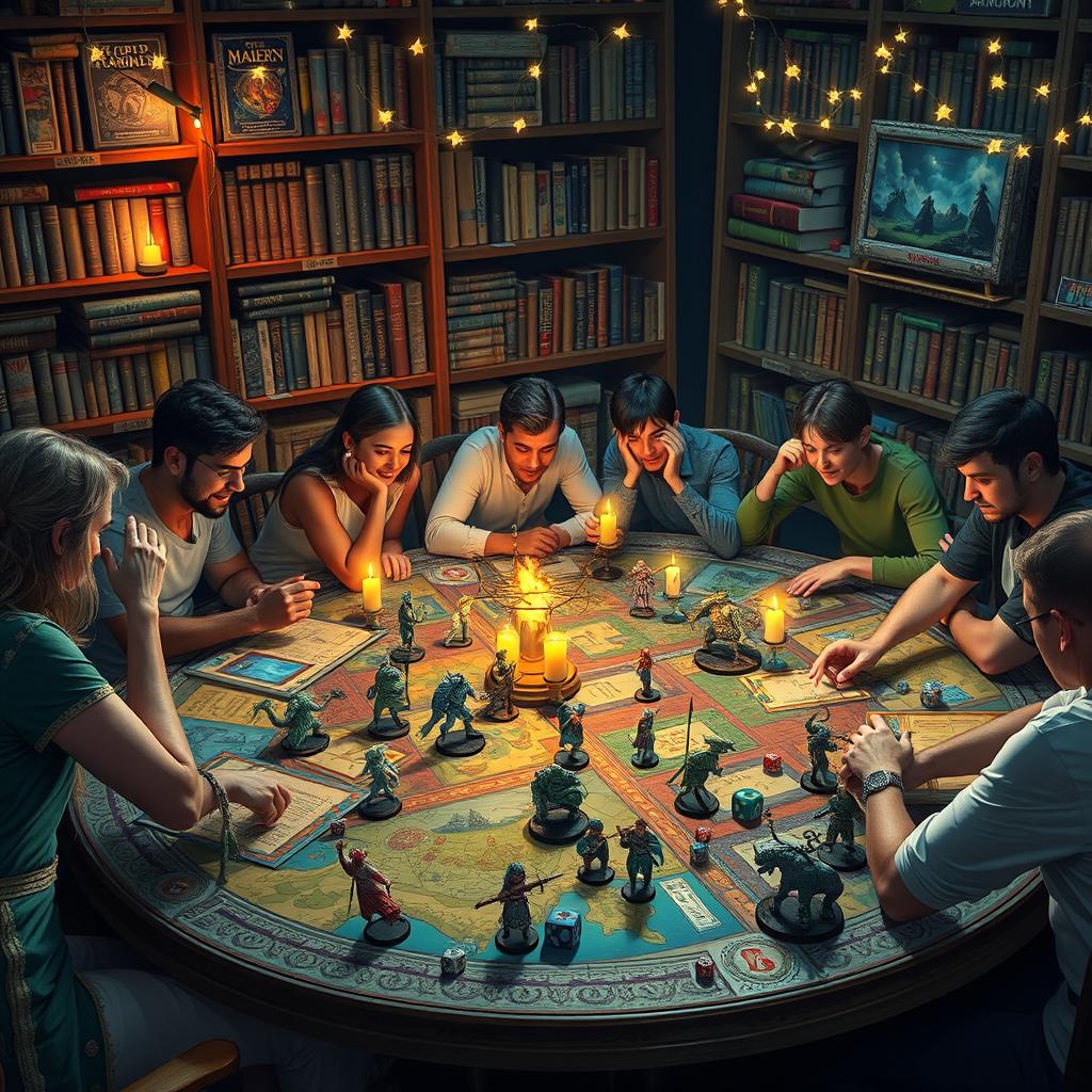 A vibrant and colorful scene depicting an epic tabletop gaming session