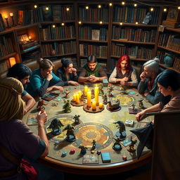 A vibrant and colorful scene depicting an epic tabletop gaming session