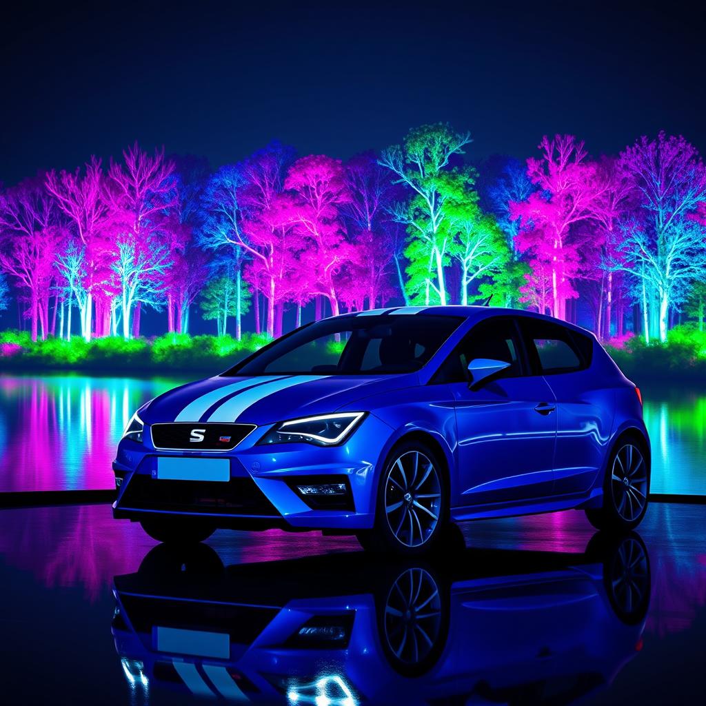 A striking blue Seat Leon MK3 featuring two bold white racing stripes, positioned in front of a shimmering lake that reflects a vibrant neon-lit forest