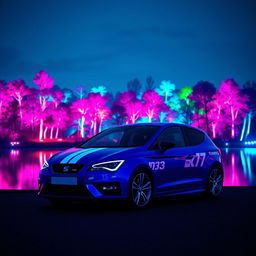 A striking blue Seat Leon MK3 featuring two bold white racing stripes, positioned in front of a shimmering lake that reflects a vibrant neon-lit forest