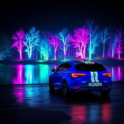 A striking blue Seat Leon MK3 featuring two bold white racing stripes, positioned in front of a shimmering lake that reflects a vibrant neon-lit forest