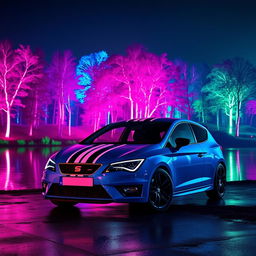 A striking blue Seat Leon MK3 featuring two bold white racing stripes, positioned in front of a shimmering lake that reflects a vibrant neon-lit forest