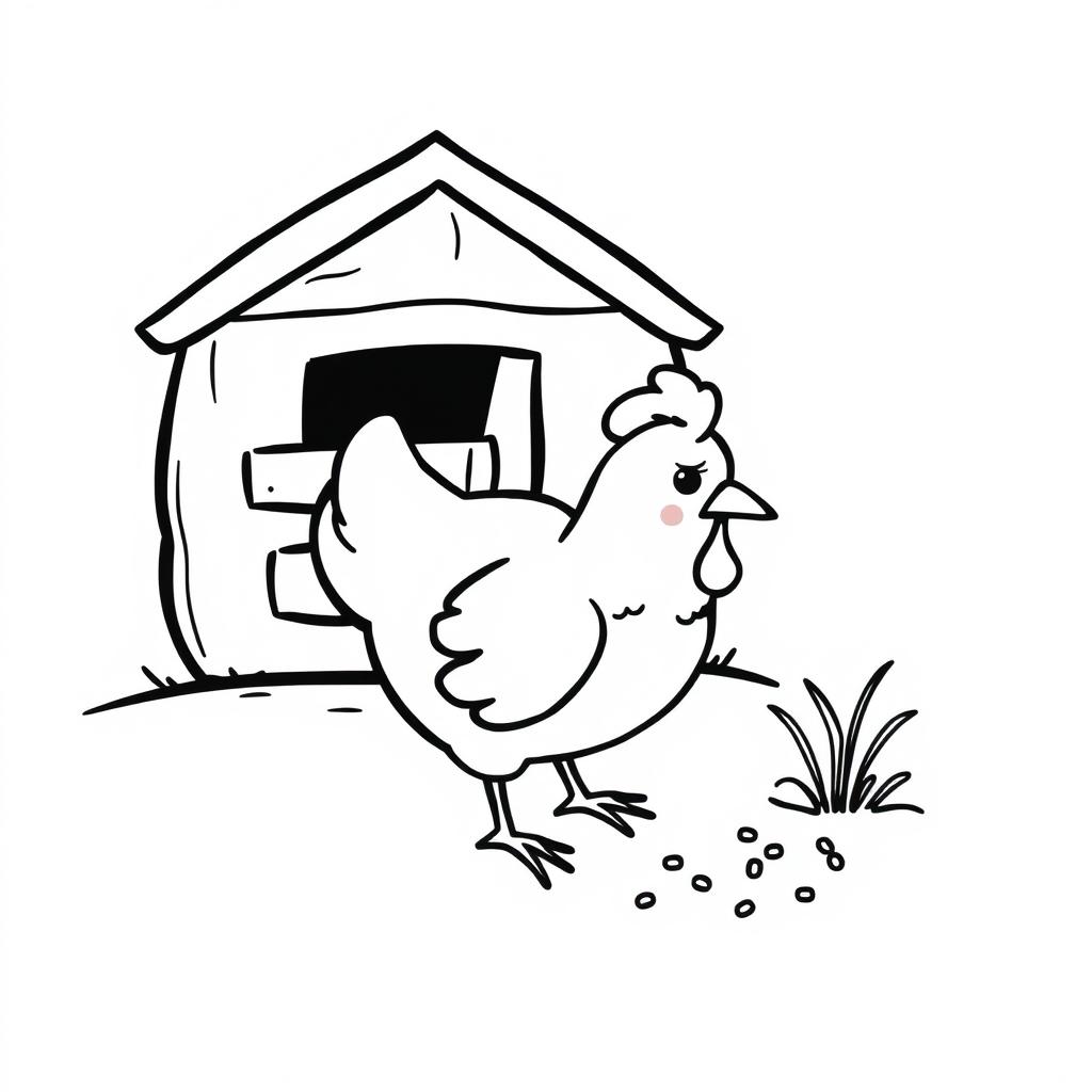 A delightful black and white drawing of a chicken pecking at grains near a chicken coop, set against a clean white background