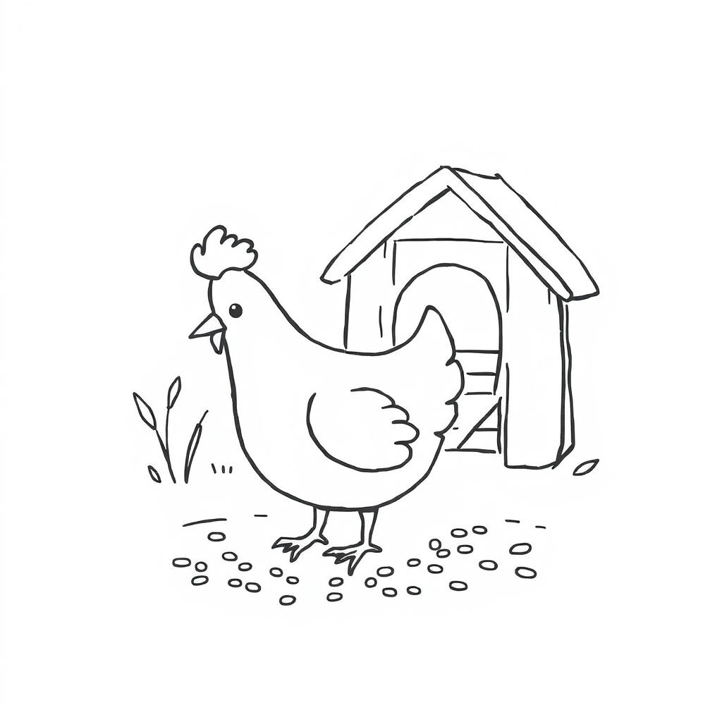 A delightful black and white drawing of a chicken pecking at grains near a chicken coop, set against a clean white background