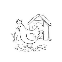 A delightful black and white drawing of a chicken pecking at grains near a chicken coop, set against a clean white background