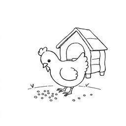 A delightful black and white drawing of a chicken pecking at grains near a chicken coop, set against a clean white background