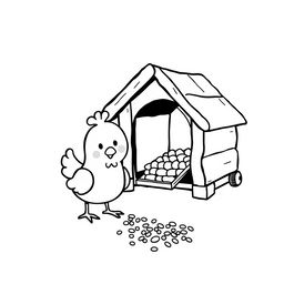 A delightful black and white drawing of a chicken pecking at grains near a chicken coop, set against a clean white background