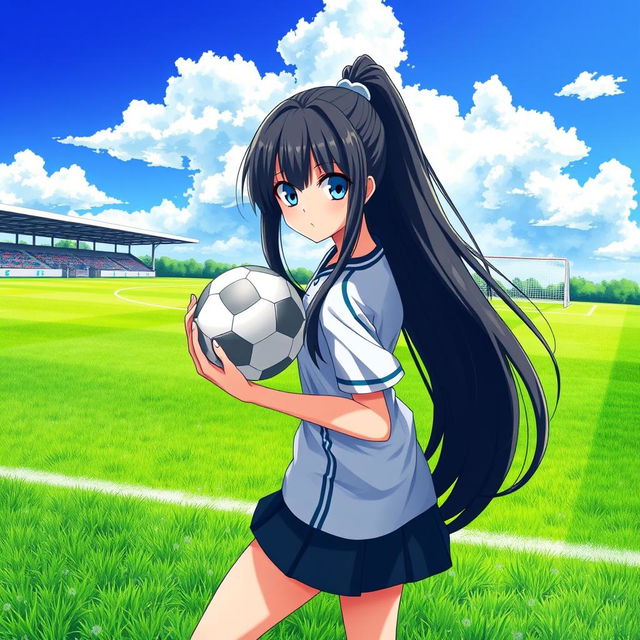 A full-length character design of a girl with striking blue eyes and long, flowing black hair