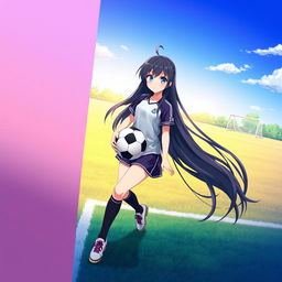A full-length character design of a girl with striking blue eyes and long, flowing black hair