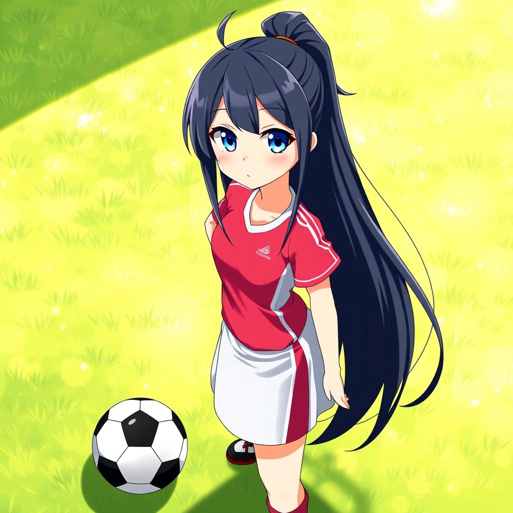 A full-length anime girl with long black hair styled up, showcasing bright blue eyes