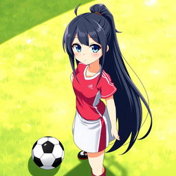 A full-length anime girl with long black hair styled up, showcasing bright blue eyes