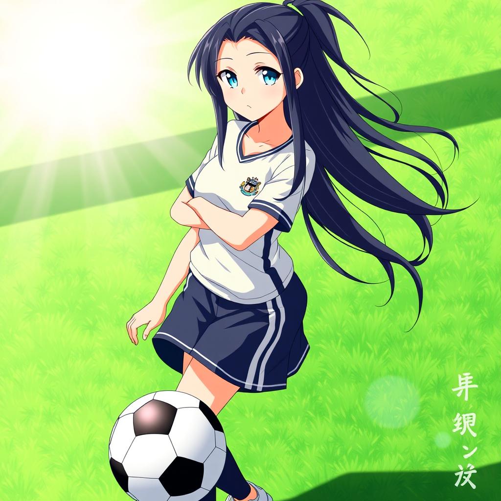 A full-length anime girl with long black hair styled up, showcasing bright blue eyes