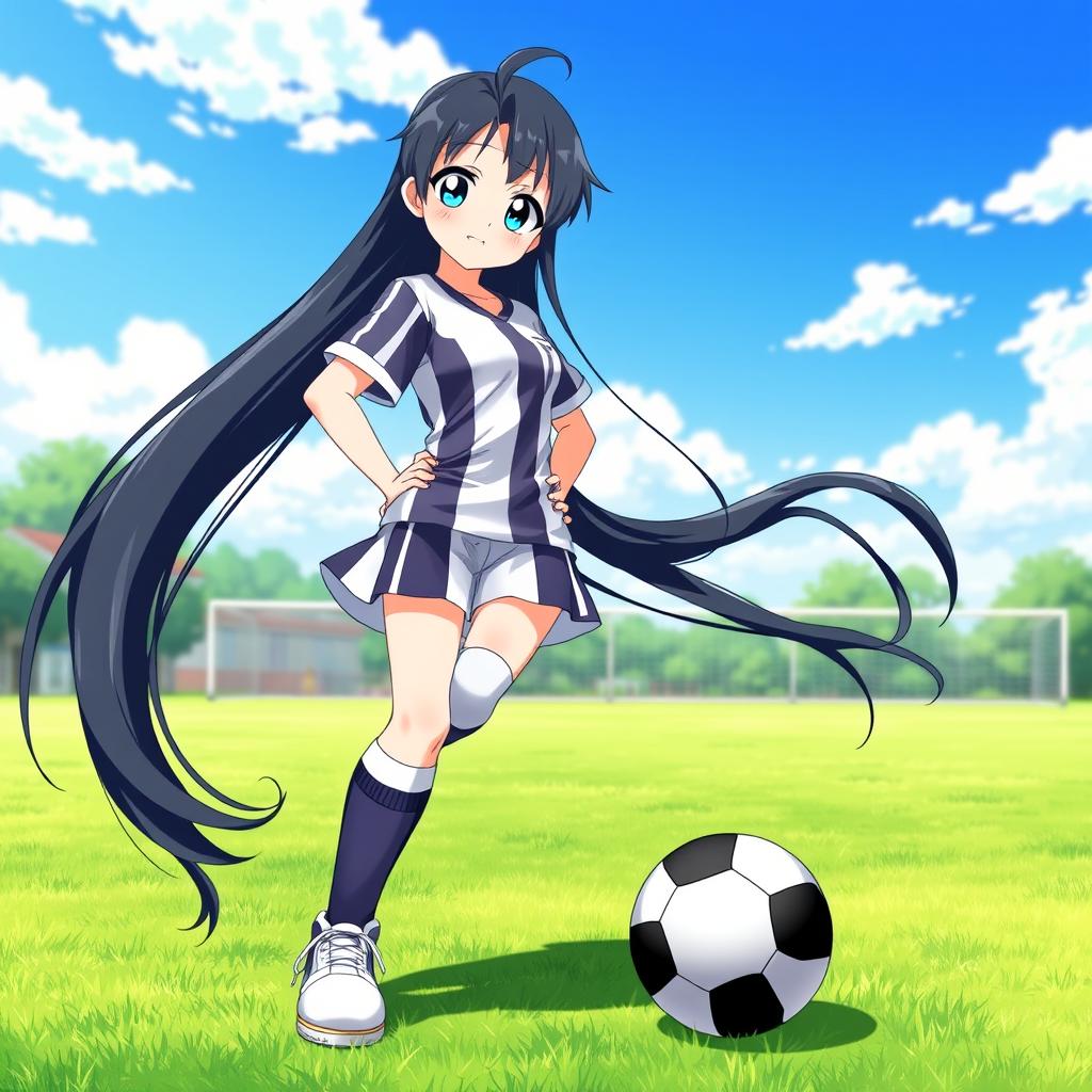 A full-length anime girl with long black hair styled up, showcasing sparkling blue eyes