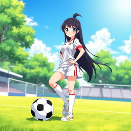 A full-length anime girl with long black hair styled up, showcasing sparkling blue eyes