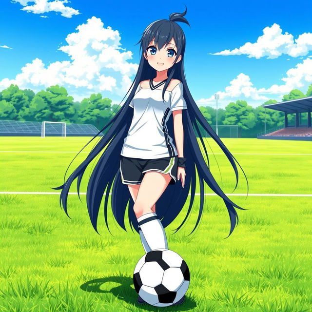 A full-length anime girl with long black hair styled up, showcasing sparkling blue eyes