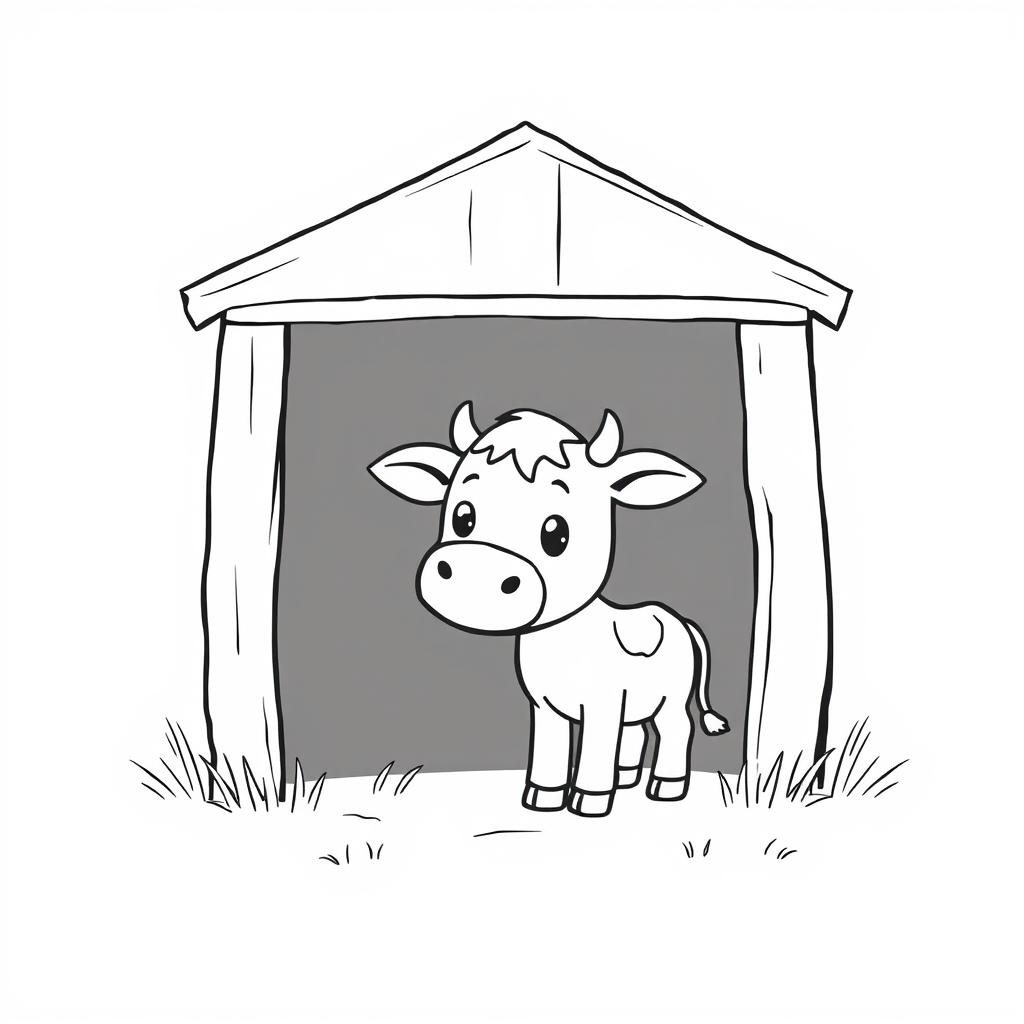 A charming black and white drawing of a curious calf exploring a barn, set against a clean white background