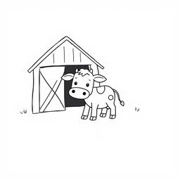 A charming black and white drawing of a curious calf exploring a barn, set against a clean white background