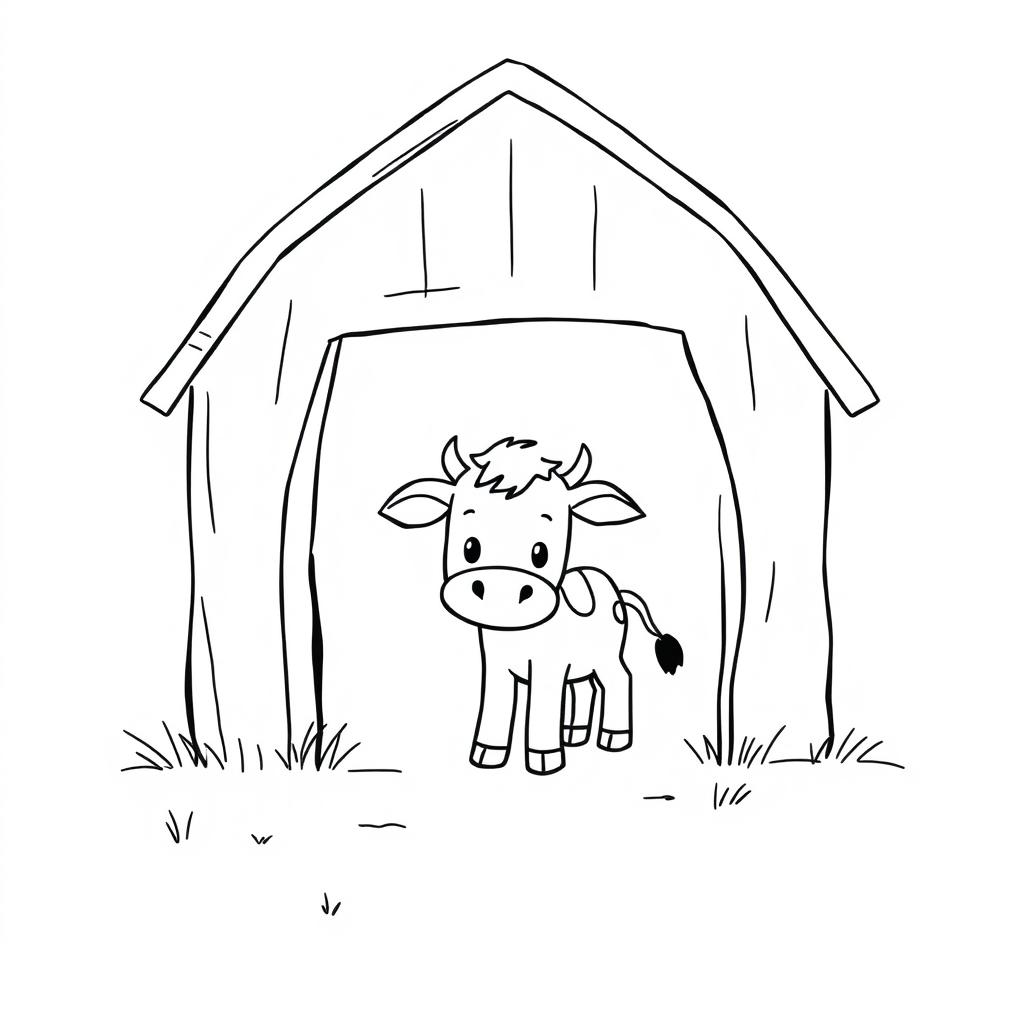 A charming black and white drawing of a curious calf exploring a barn, set against a clean white background