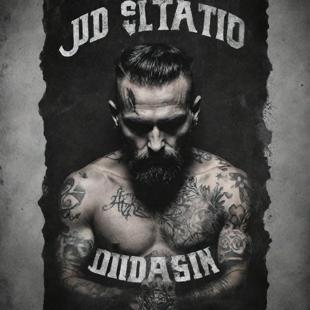 Generate a grunge style poster for a tattoo artist named 'JD Tattoo', featuring dark, gritty elements paired with tattoo art imagery.