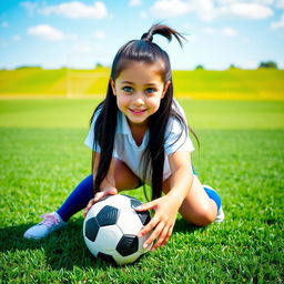 A full-length portrait of a girl with long black hair styled up in a ponytail, showcasing her striking blue eyes