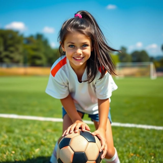 A full-length portrait of a girl with long black hair styled up in a ponytail, showcasing her striking blue eyes