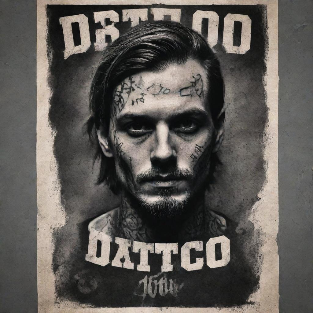 Generate a grunge style poster for a tattoo artist named 'JD Tattoo', featuring dark, gritty elements paired with tattoo art imagery.