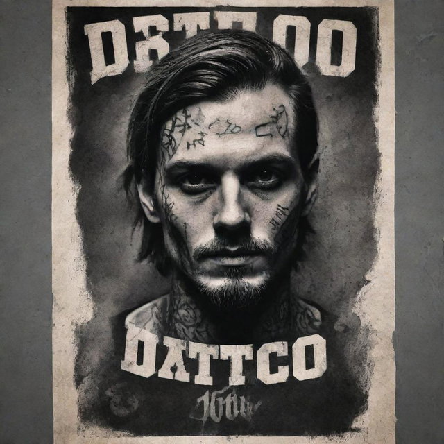 Generate a grunge style poster for a tattoo artist named 'JD Tattoo', featuring dark, gritty elements paired with tattoo art imagery.
