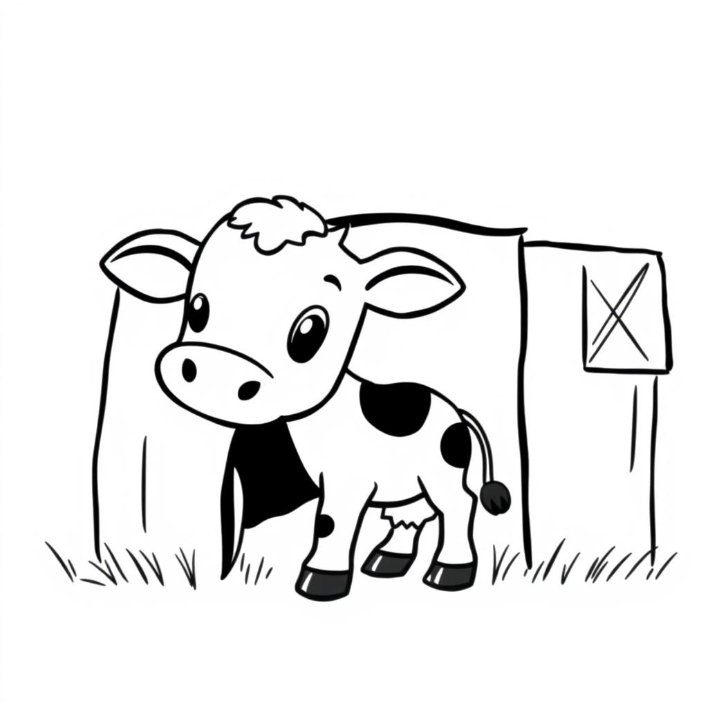 A charming black and white drawing of a curious calf exploring a barn, set against a clean white background