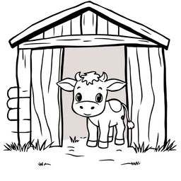 A charming black and white drawing of a curious calf exploring a barn, set against a clean white background