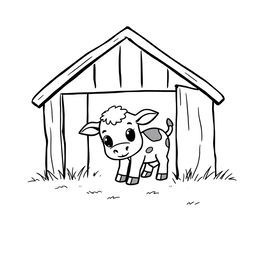 A charming black and white drawing of a curious calf exploring a barn, set against a clean white background