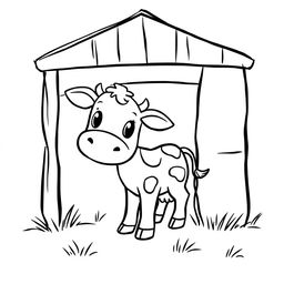 A charming black and white drawing of a curious calf exploring a barn, set against a clean white background