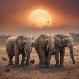 A poignant scene showing a variety of endangered animals standing together on a fading earth, with an emotional sunset in the backdrop, symbolizing the theme 'In The Face Of Extinction'.